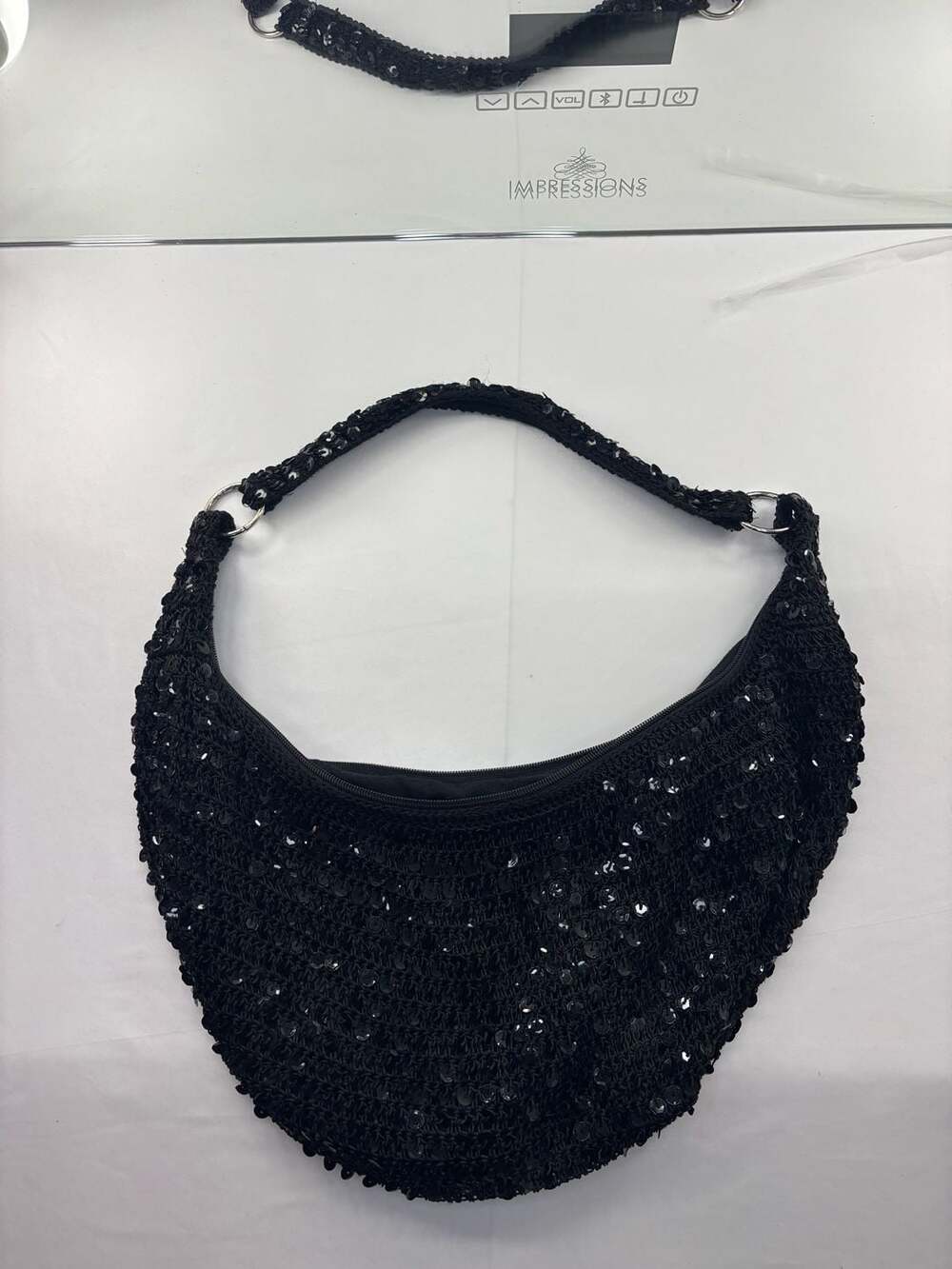 Vintage Black Sequin Crochet Crescent Shoulder Bag